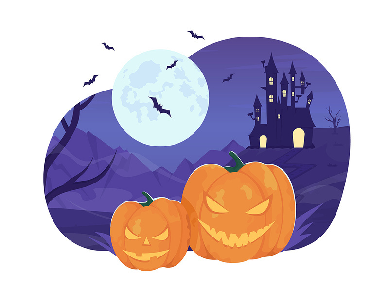 Halloween pumpkins with full moon 2D vector isolated illustration