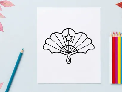 Hand fan line art icon. Decorative folding fan with star symbol for graphic design.
