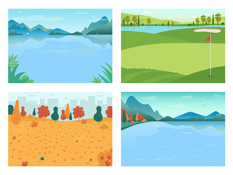 Seasonal landscape flat color vector illustration set