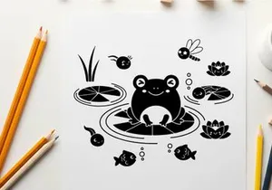 Frog silhouette sitting on a lily pad surrounded by aquatic life silhouette