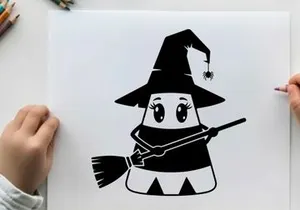 A cute cartoon ghost wearing a witch hat silhouette