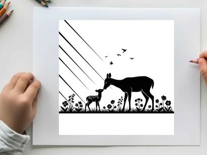 Mother deer and fawn silhouette in a field of flowers