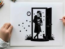 Silhouette of a woman with a cat at an open door