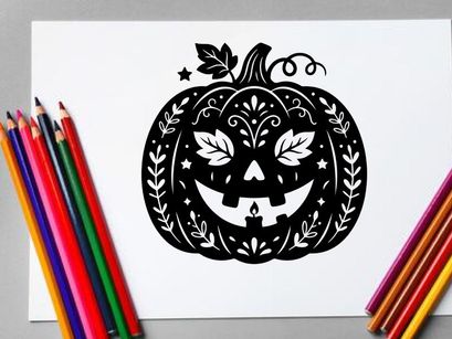 Schwarz-Weiß Halloween-Kürbis mit Fledermaus- und Blatt-Design