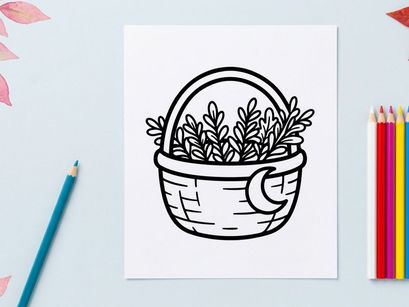Wicker basket with herbs and moon icon. Witchcraft supplies for magical rituals.