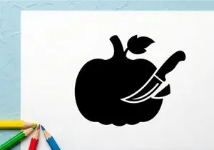 Black and white apple with knife and leaf silhouette for health and food themes