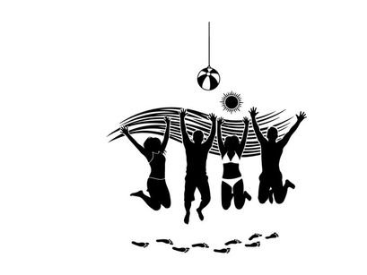 Silhouette of people jumping with disco ball silhouette