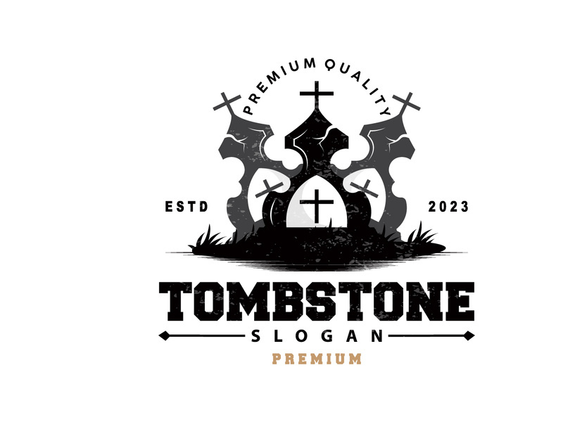 Tombstone Logo, Tomb Cemetery Cross, Vector Vintage
