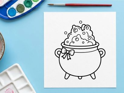 Cauldron with bubbles line art. Witch pot icon with foam for Halloween design.