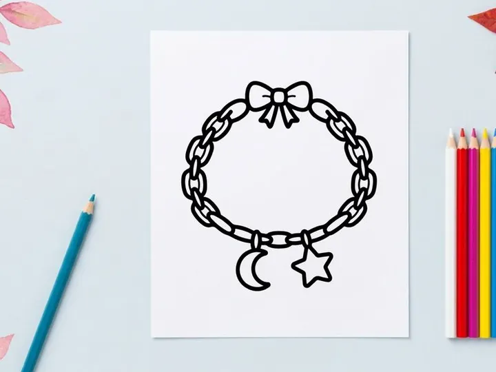 Hand-drawn Halloween charm bracelet with bow and crescent moon. Spooky jewelry illustration for festive crafts and decorations.