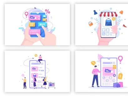 14 Mobile Store or Shopping Online in App Illustration