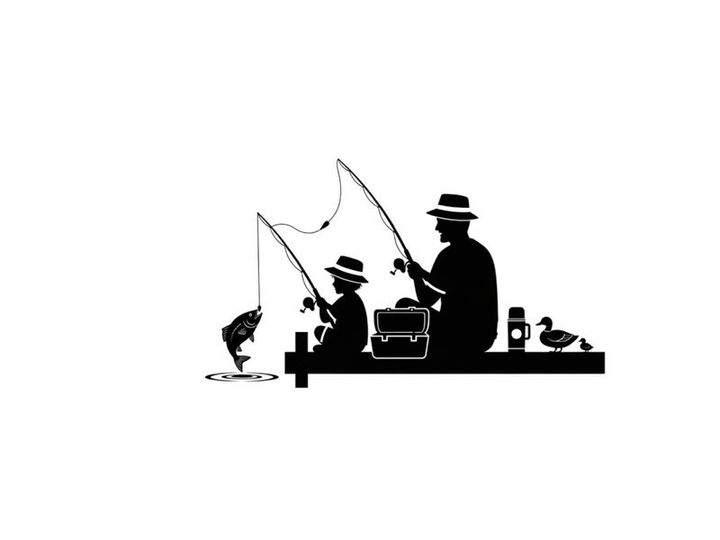 Silhouette of two men fishing on a boat with ducks