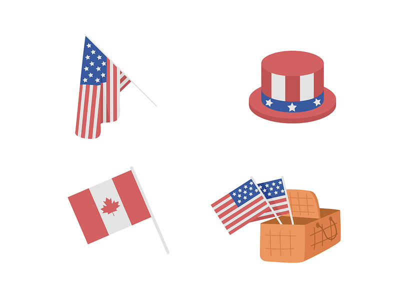 Patriotic attributes for American Independence day color vector items set