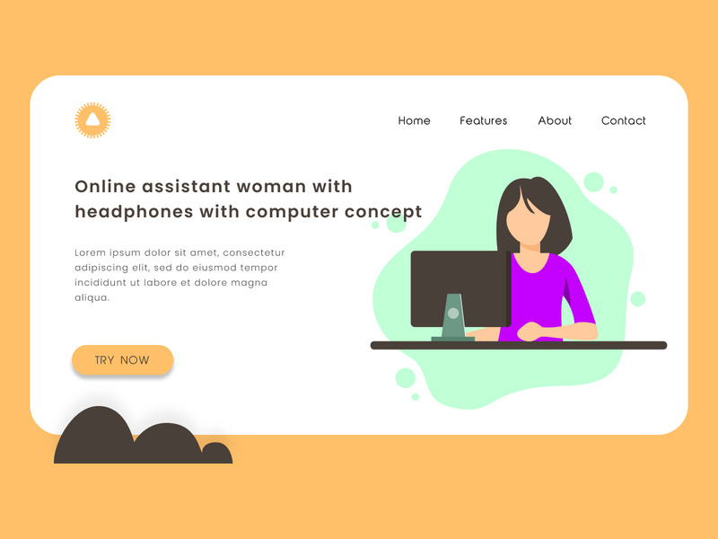 Online assistant woman with headphones with computer concept.