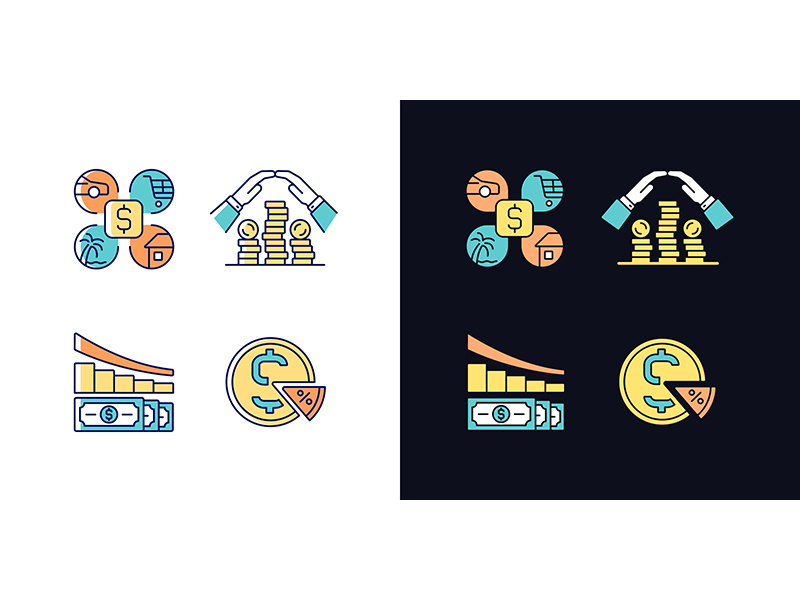Money spending light and dark theme RGB color icons set