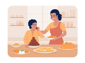Eating sweets during Diwali 2D vector isolated illustration preview picture