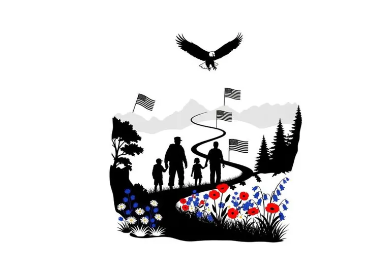 Family silhouette walking on a path with flags and eagle silhouette
