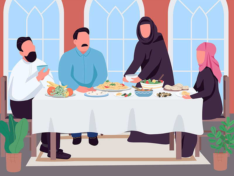 Muslim family dinner flat color vector illustration