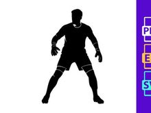 A black silhouette of a male athlete in a dynamic sports pose with a ball