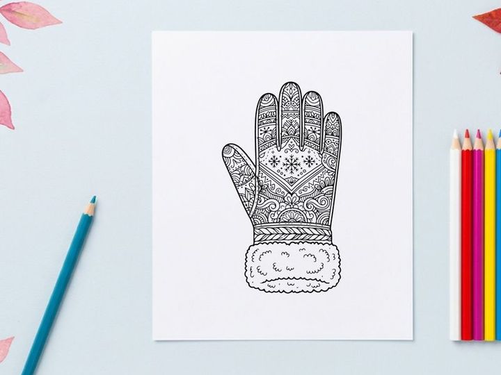 Winter mitten coloring page with intricate mandala patterns and fur cuff for Christmas