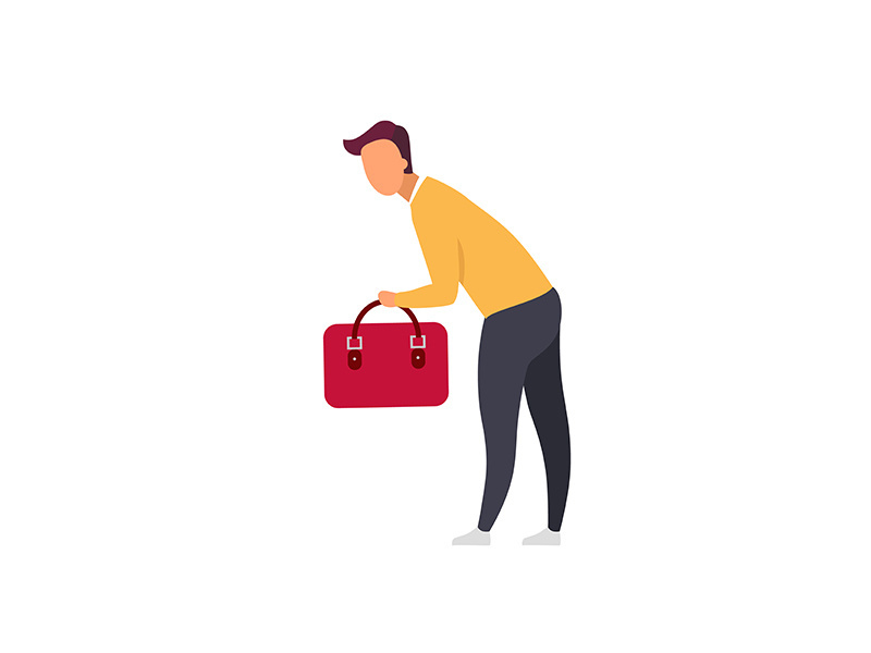 Man traveler with carry-on bag flat color vector faceless character