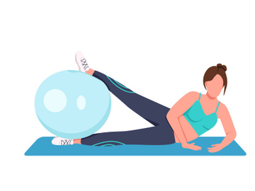 Woman training with swiss ball flat color vector faceless character preview picture