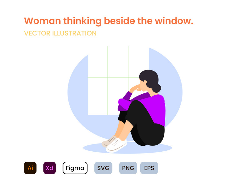 A woman thinking beside the window flat design concept.