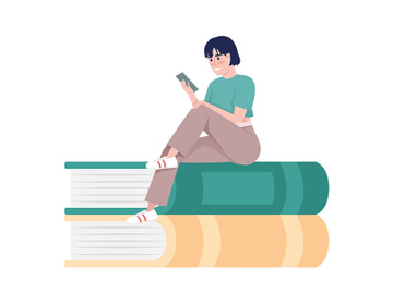 Woman with mobile phone sitting on books semi flat color vector character preview picture