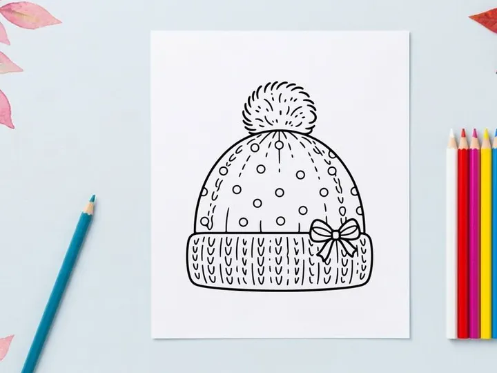 Topi beanie musim dingin dengan pom pom dan pita, sketsa tangan untuk halaman mewarnai Natal.
