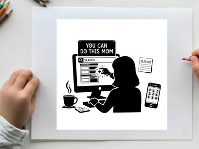 Silhouette of a woman working on computer with motivational screen