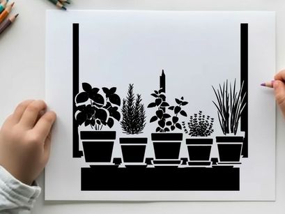 Silhouette of six potted plants on a windowsill