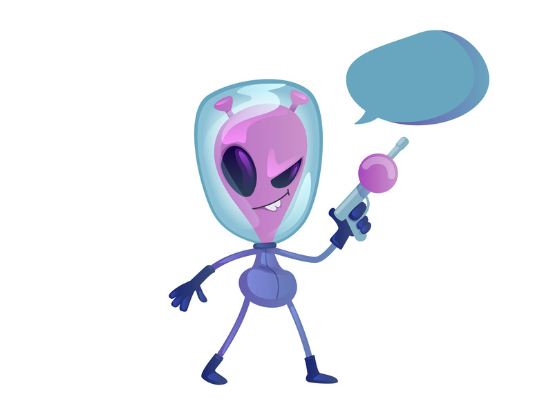 Alien with weapon flat cartoon vector illustration