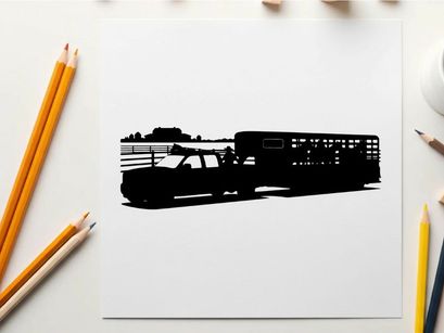 Silhouette of a pickup truck with livestock trailer