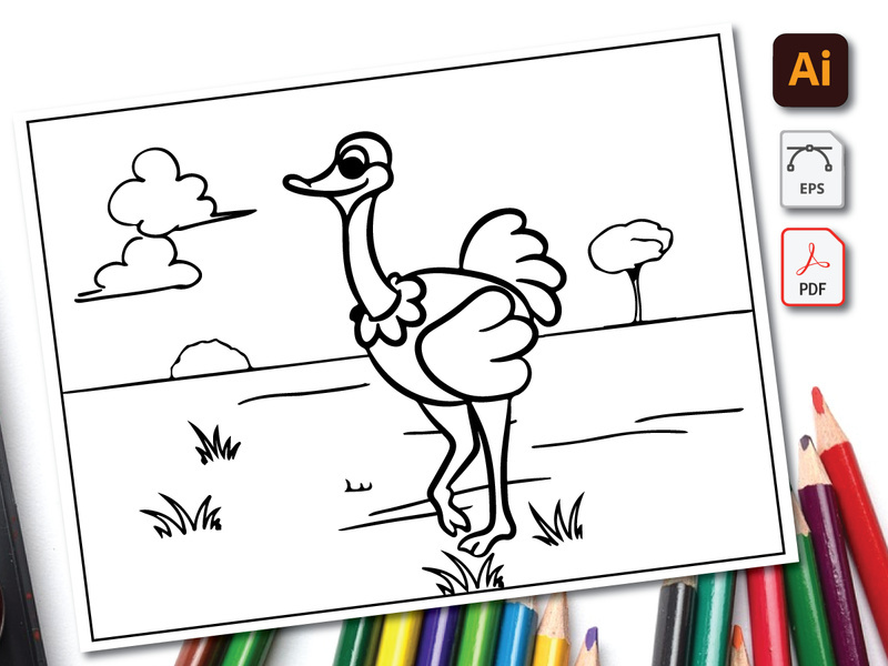 Ostrich Coloring Book Line Art Design