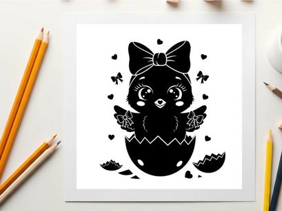 Silhouette of a cute chick emerging from an egg with bow silhouette