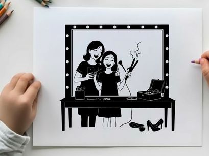 Silhouette of two girls singing with microphones in front mirror