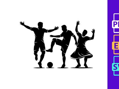 Silhouette of three people playing soccer and dancing together