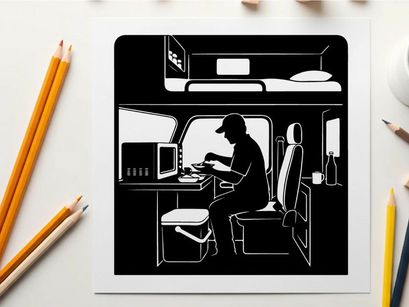 Silhouette of a man working on laptop inside a camper van