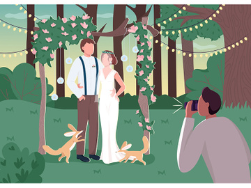 Newlywed couple in rustic photozone flat color vector illustration preview picture