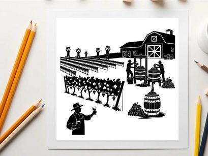Vineyard scene with silhouette of farmer and workers in a rural setting