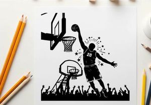 Silhouette of a basketball player dunking ball with crowd