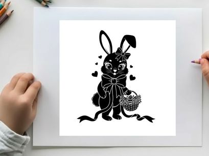 Adorable silhouette bunny holding a bouquet with hearts