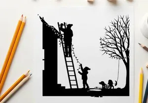 Silhouette of people decorating house with christmas lights and dog