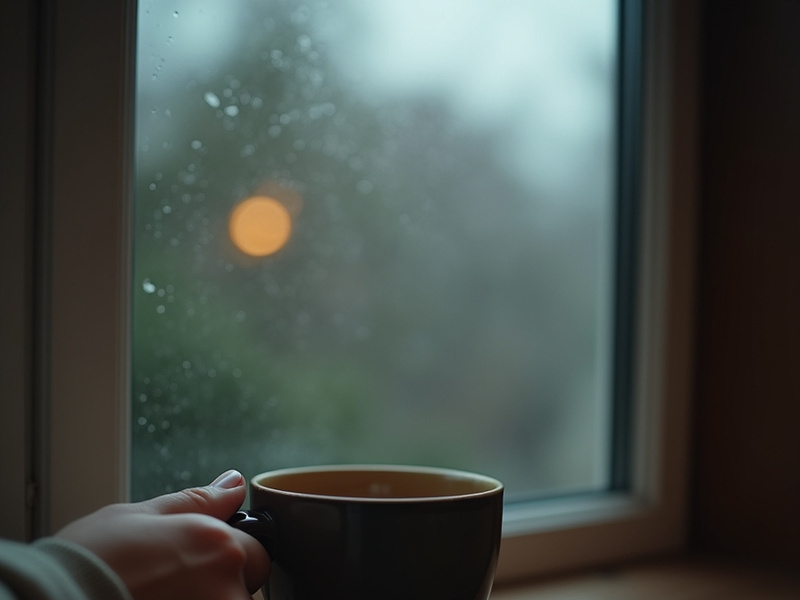 A person holds a dark mug near a window with raindrops.