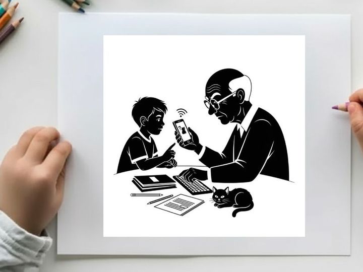 Silhouette of a man and child with a cat at a desk
