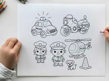 Police vehicles and officers cartoon vector illustration