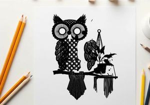 Owl silhouette perched beside a hanging plant