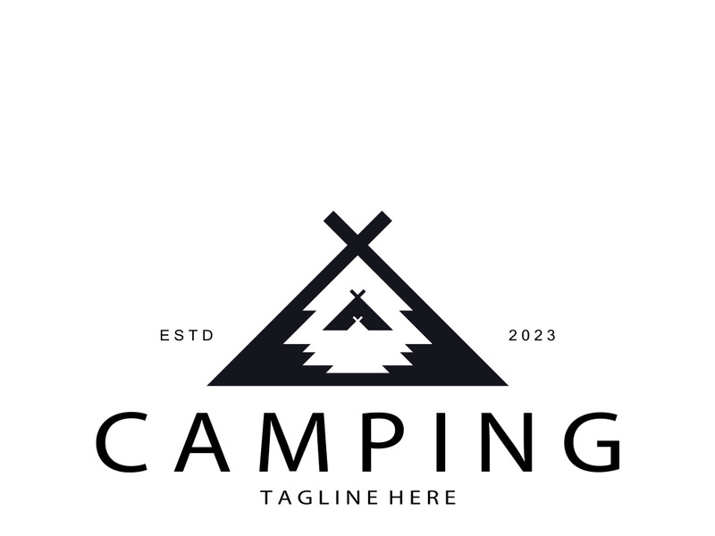 vintage and retro tent logo, camping. With tent, tree and bonfire sign. adventurers, scouts, climbers, camping equipment center