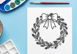 Christmas wreath line art drawing with pine cones and bow for holiday greeting card design