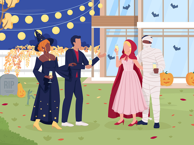 Guests wearing carnival costumes at Halloween party flat color vector illustration